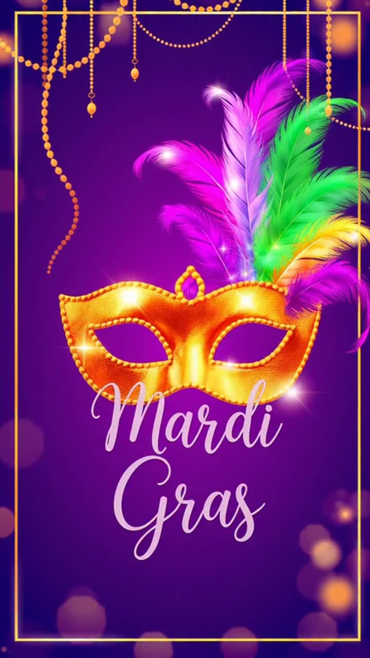 Élégante invitation verticale pour Mardi Gras avec masque et cadre doré