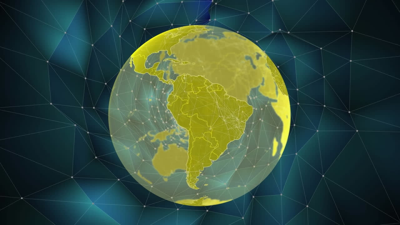 회전하는 지구와 연결된 점들이 검은 바탕에 터널을 형성하는 애니메이션