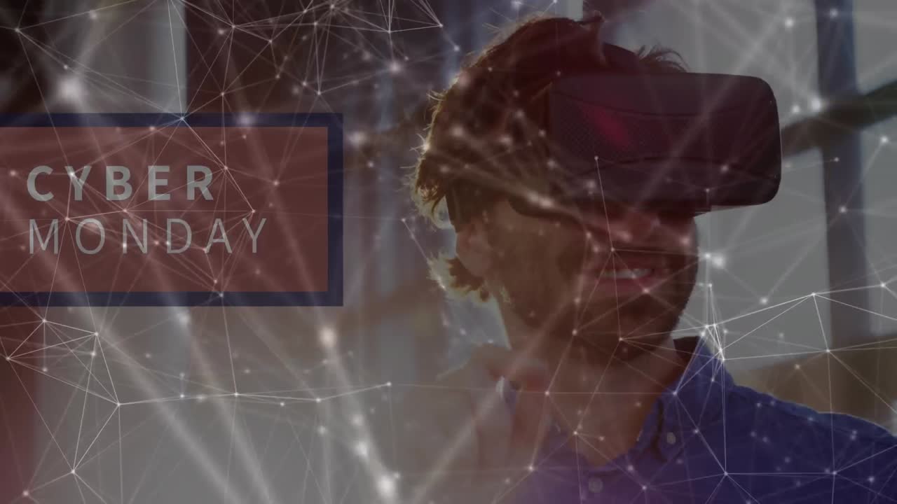 Animation of cyber monday text and network of connections over man wearing vr headset