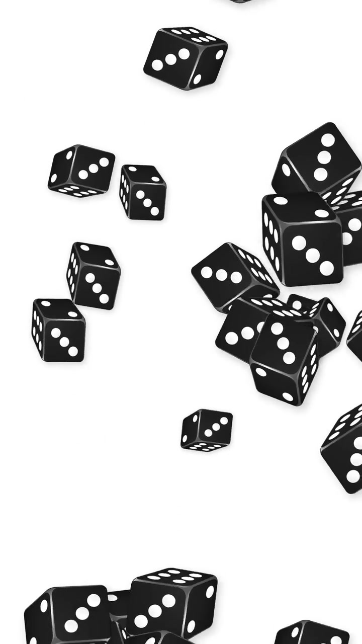 Animazione verticale di numerosi dadi neri che cadono e rotolano su uno sfondo bianco pulito.