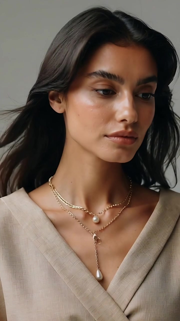Video verticale: Apertura degli occhi mentre un ventilatore gira, modella che si gira in studio mostrando catene d'oro e un top beige.