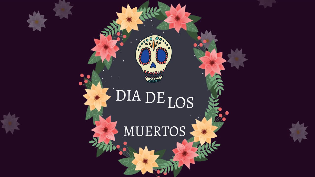 Animation of dia de los muertos and skull in circle of flowers on brown background