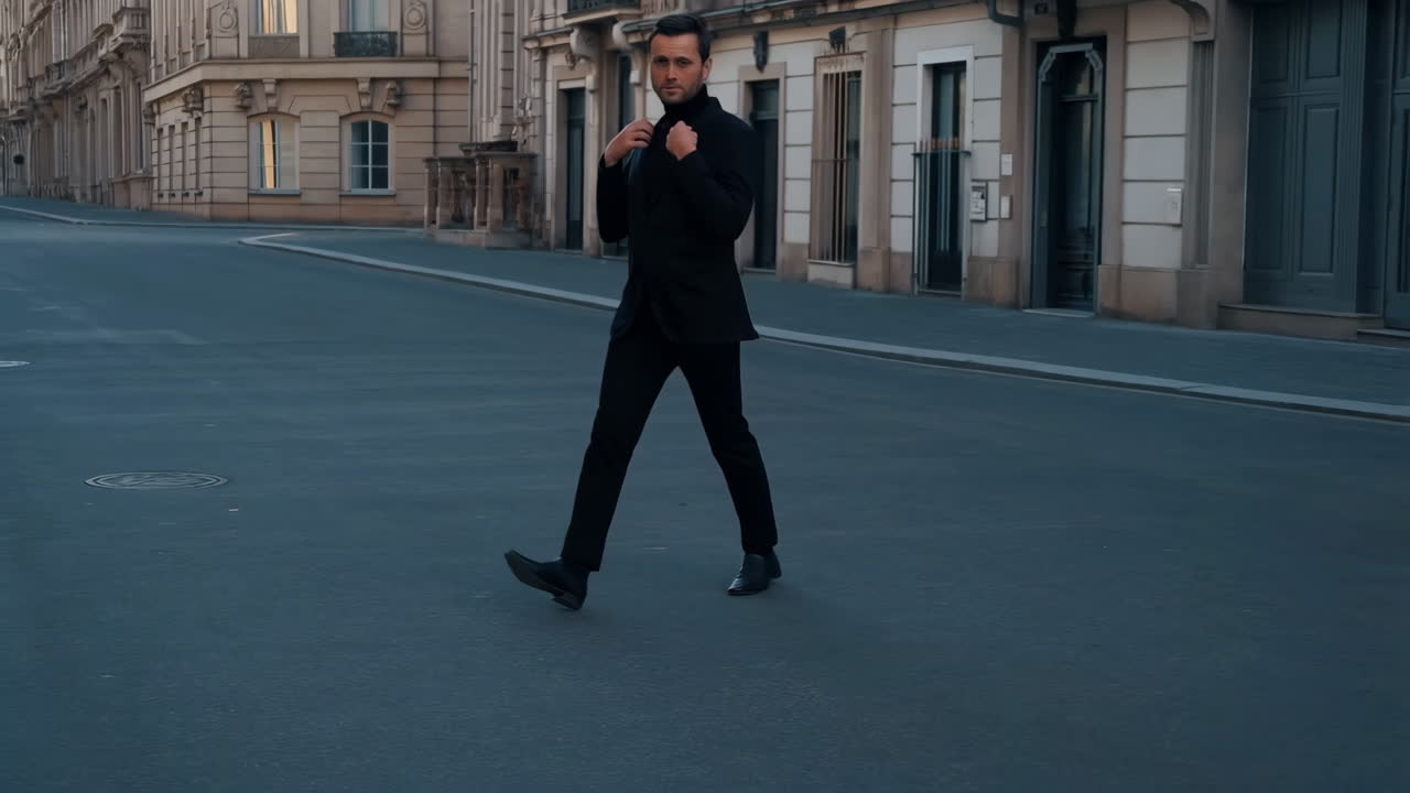 A man in a black suit walks confidently down an empty city street