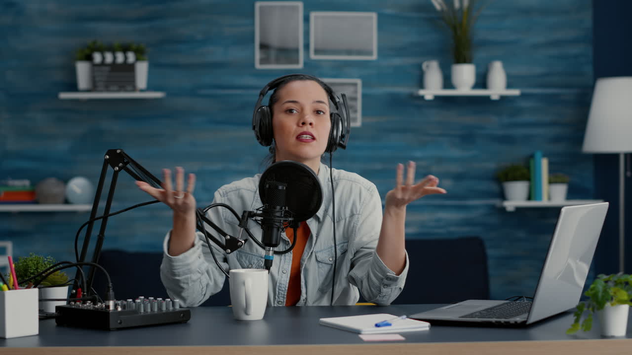 Digital content creator in studio at home recording daily vlog while telling stories