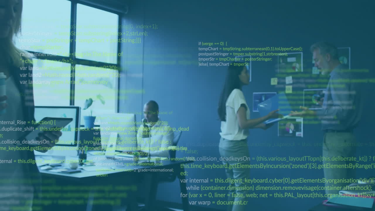 Animation of digital data processing over diverse business people in office