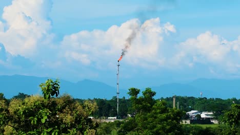 Chimenea-De-Fábrica-De-Gas-Industrial-En-La-Ladera-De-Una-Colina-En-Un-Entorno-Forestal,-Contaminación