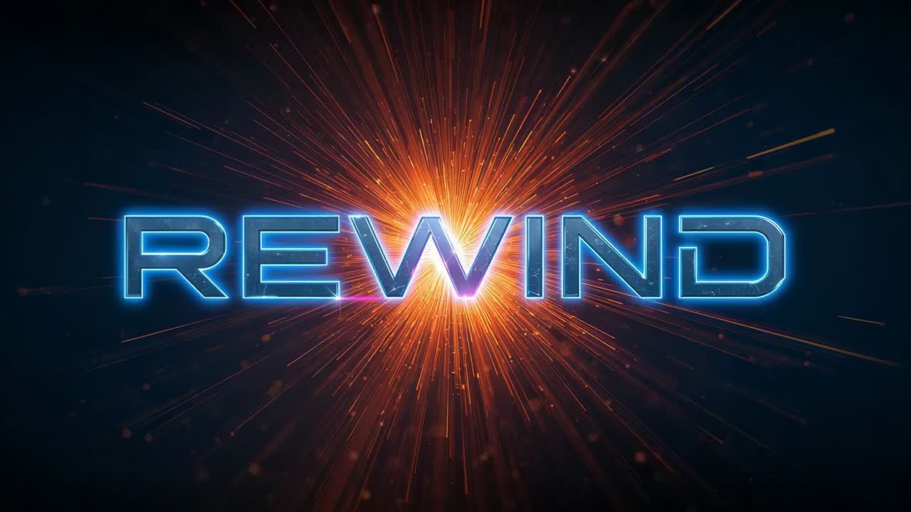 Pulsing neon REWIND on motion-graphics backdrop, orange burst igniting reveal with radial streaks