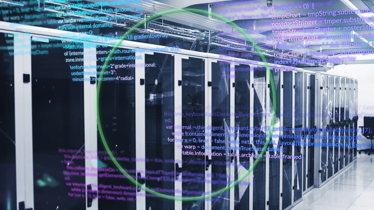 Animation of shapes and globe over server room