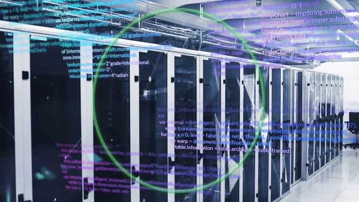 Animation of shapes and globe over server room