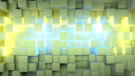 fondo de tecnología abstracta para presentaciones de negocios. cubos que se mueven al azar. brillo de neón brillante en el medio. bucle sin costuras 3d render