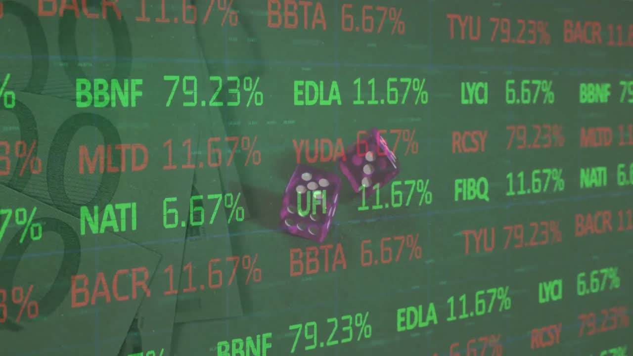 두 개의 주사위와 녹색 배경의 유로 통화 지폐에 대한 금융 데이터 처리 애니메이션