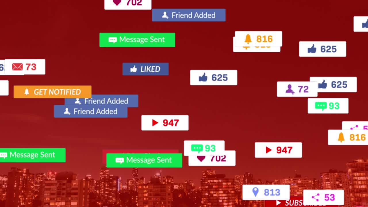 도시 풍경 위에 떨어지는 소셜 미디어 아이콘과 이모티콘의 애니메이션