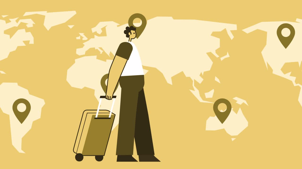 hombre de estilo amarillo personaje plano caminando con una maleta de viaje en el mapa del mundo fondo de animación de bucle