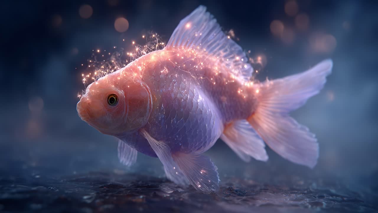A mesmerizing goldfish swimming gracefully through a magical underwater realm, illuminating the depths with shimmering sparkles and ethereal beauty, captivating all who behold it