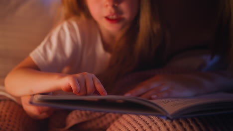 Las-Niñas-Siguen-La-Línea-Con-El-Dedo-Leyendo-Un-Libro-Con-Su-Madre.