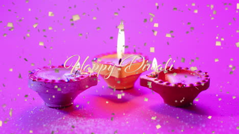 animación de feliz texto de diwali sobre velas en fondo púrpura
