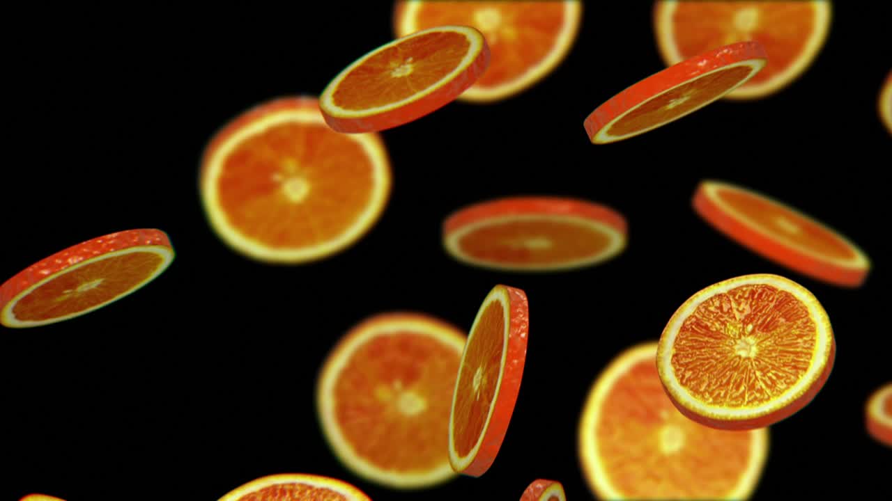 trozos cortados de naranja que caen sobre un fondo negro, bucle sin costuras, cg