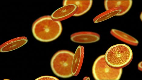 sliced pieces of orange falling on black background, seamless loop, cg