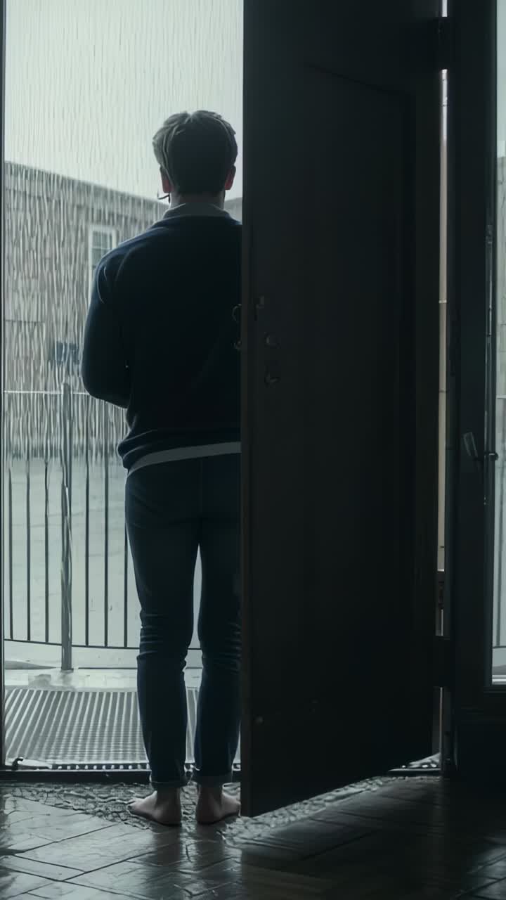 Video verticale: Uomo in piedi con maglione scuro e jeans che guarda la pioggia iniziare dalla soglia
