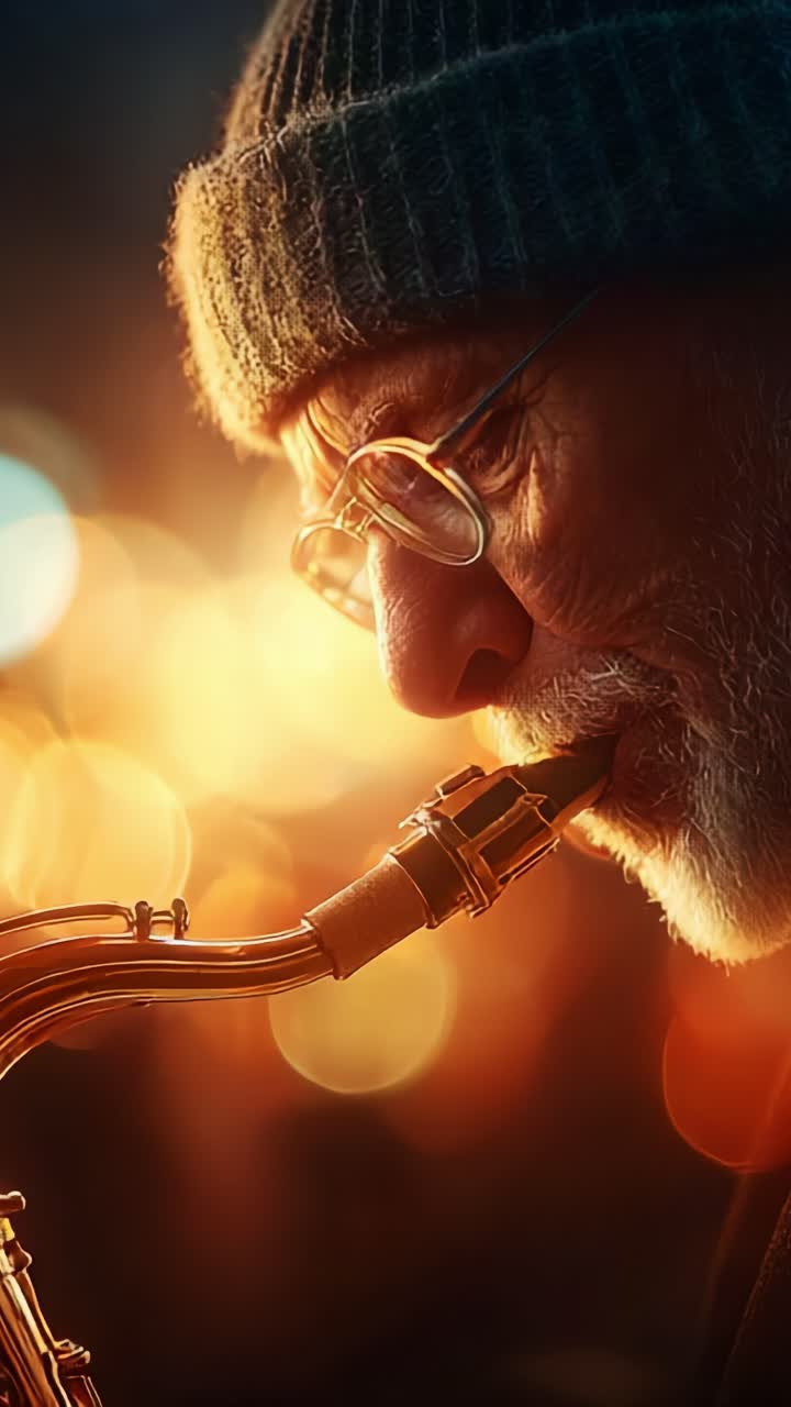 En eldre musiker som spiller saksofon i en varmt opplyst setting, fanger essensen av jazz og følelser gjennom musikalsk kunstnerskap og sjelfullt uttrykk