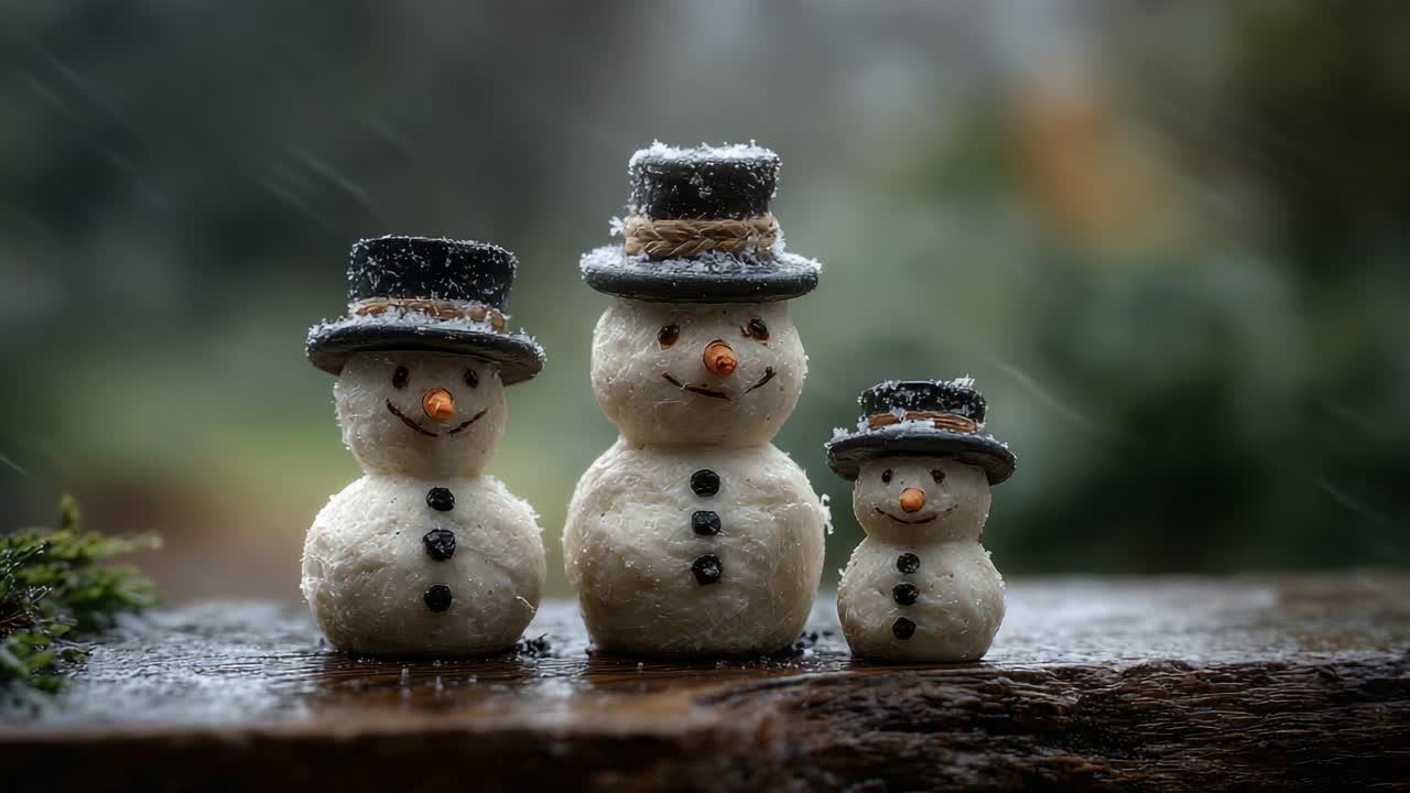 Whimsical and Playful Snowmen Standing Together Amidst Falling Snowflakes, Radiating Cheer and Festivity in a Winter Wonderland Scene