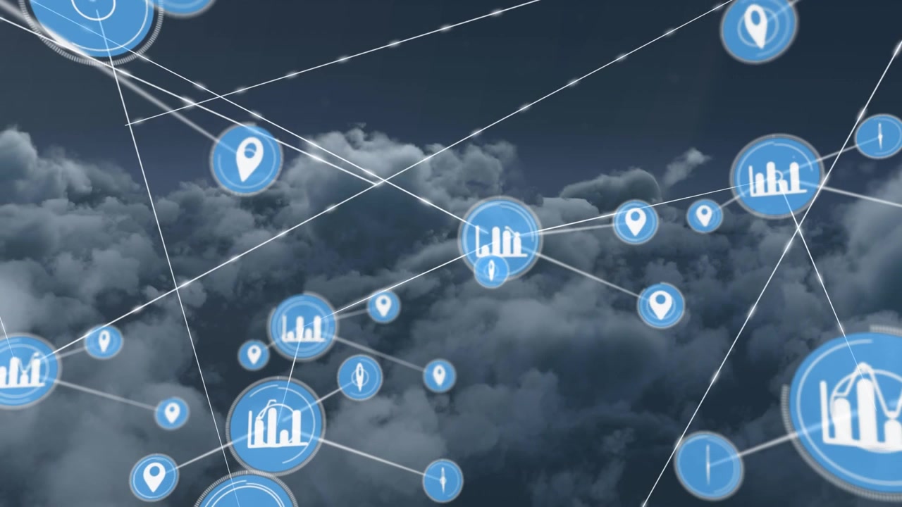 Animatie van netwerk van verbindingen met iconen over clouds