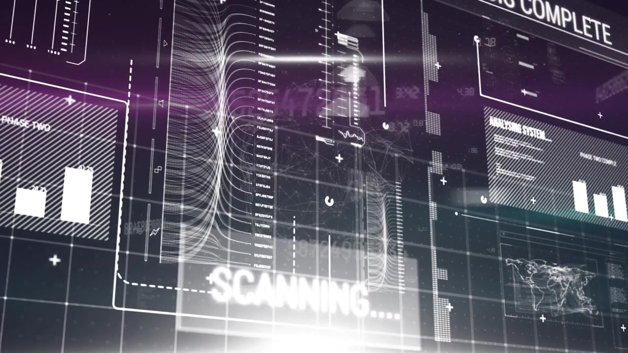 Animation of data processing and light trails over grid