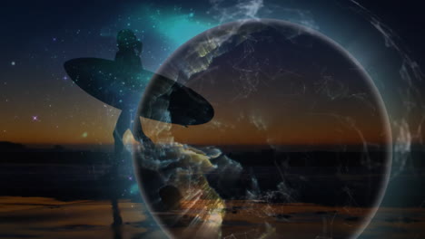 silhouette of surfer with cosmic animation on beach during sunset
