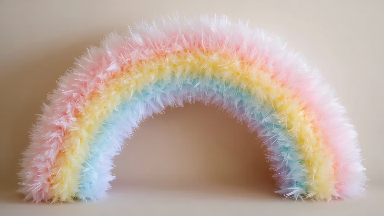 Kamera diperbesar mendekatkan pelangi pastel di studio, menyoroti trim berbulu