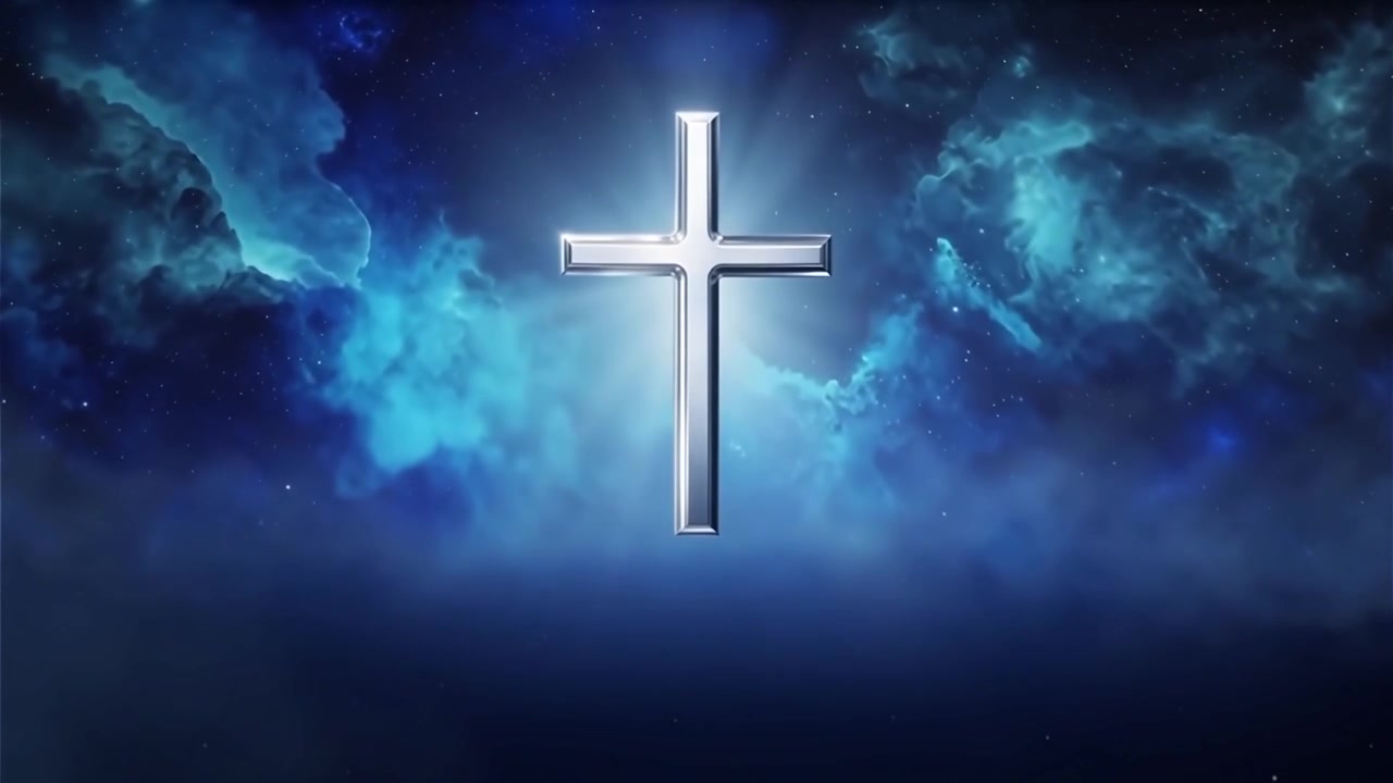 Croix chrétienne, lumière céleste, fond de culte.