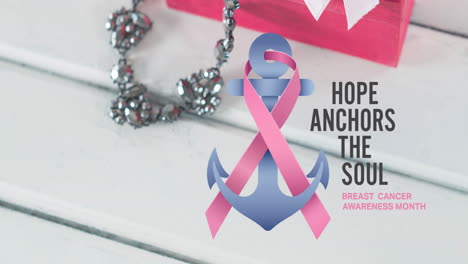 animation of breast cancer awareness text over pink breast cancer ribbon