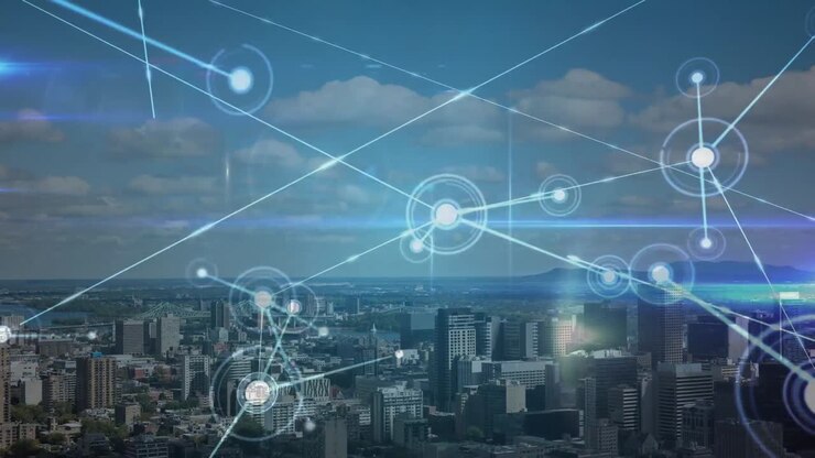 Animation of network of connections over cityscape