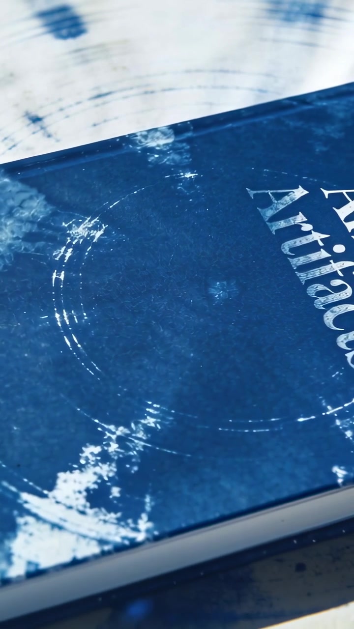Video verticale: Telecamera che panoramica su una scrivania, mostrando un libro blu scuro con titolo parziale e un graffio bianco.