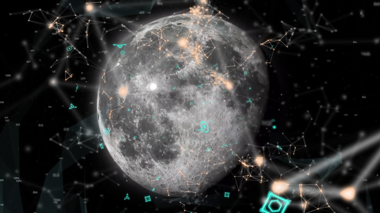 검은 바탕에 지구 위에 떠다니는 추상적인 모양의 애니메이션