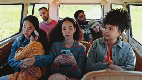 phone, friends and travel in car on road trip