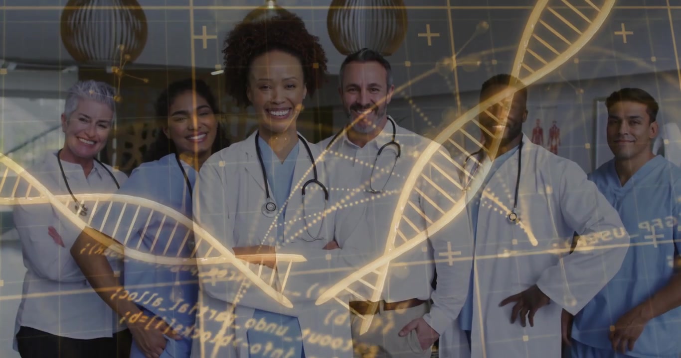 Diversificeret medicinsk team står sammen på hospital med DNA-overlay.