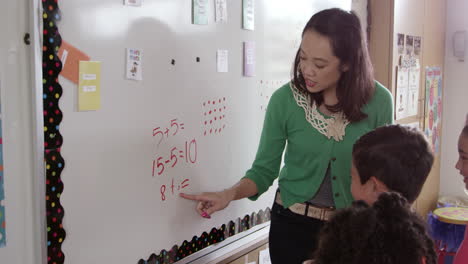 pupils writing on board with teacher in school maths class