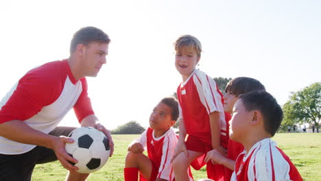 boys soccer team and male coach having team talk