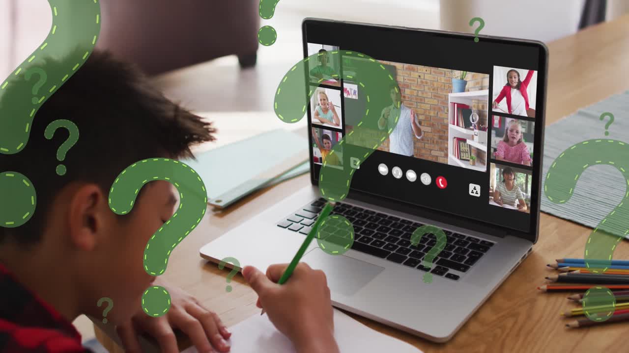 Animation of question marks icons over diverse schoolchildren with teacher having video call