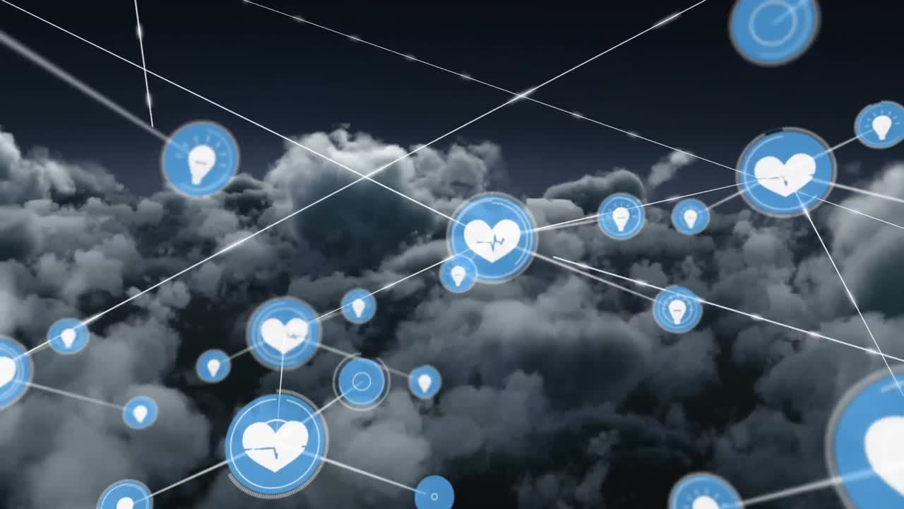 animación de la red de conexiones con iconos sobre el cielo