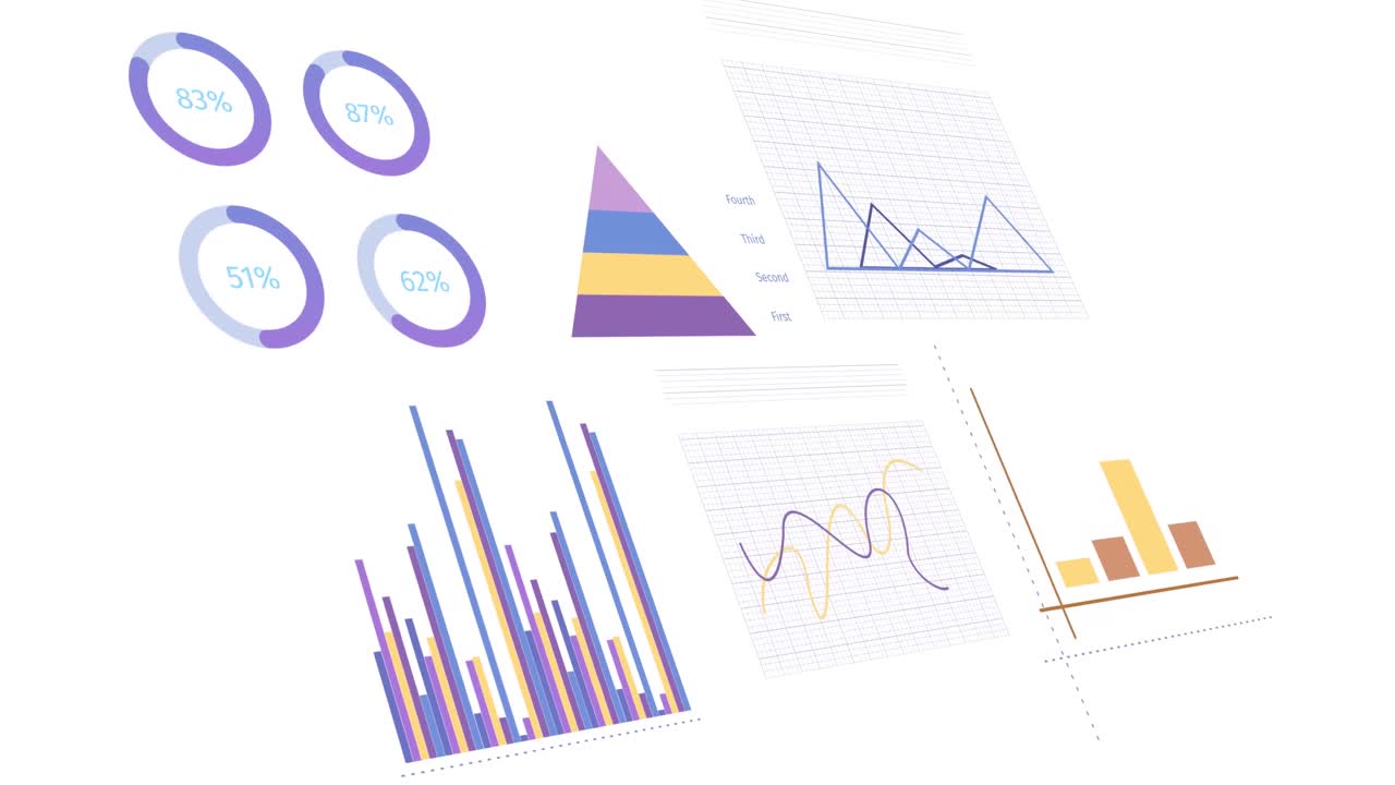 Animation of statistics, graphs and financial data processing over white background
