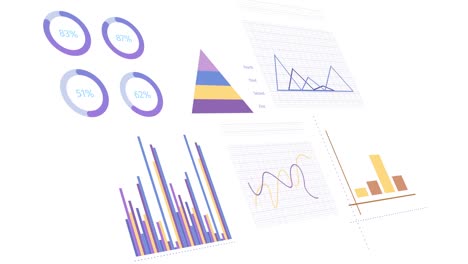 animación de estadísticas, gráficos y procesamiento de datos financieros sobre un fondo blanco