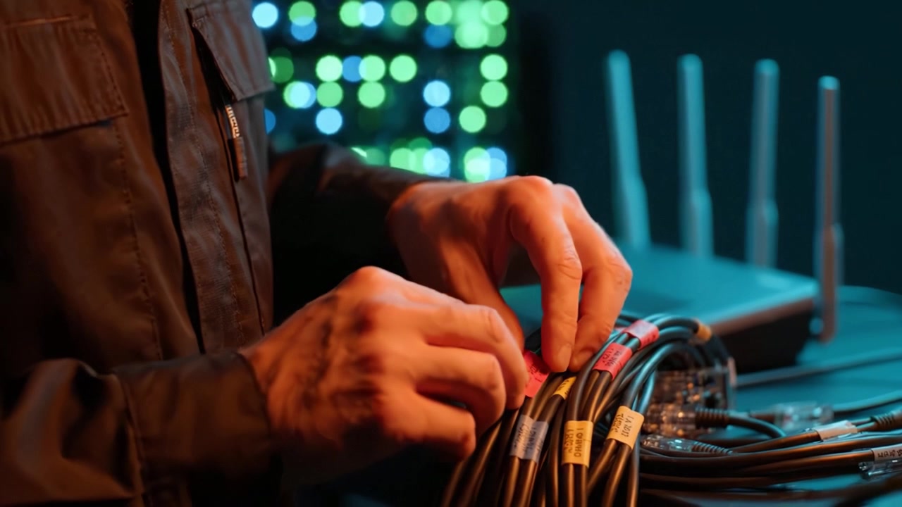 A technician meticulously organizes labeled cables and wires while working on networking equipment, surrounded by colorful lights and routers in a tech-savvy environment.