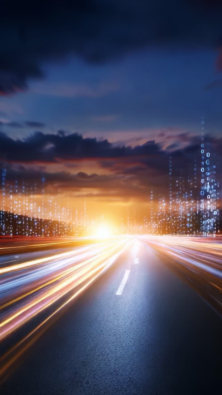 Una fusione dinamica di scie luminose e dati digitali che rappresenta l'intersezione tra tecnologia e movimento durante un tramonto mozzafiato su una strada futuristica