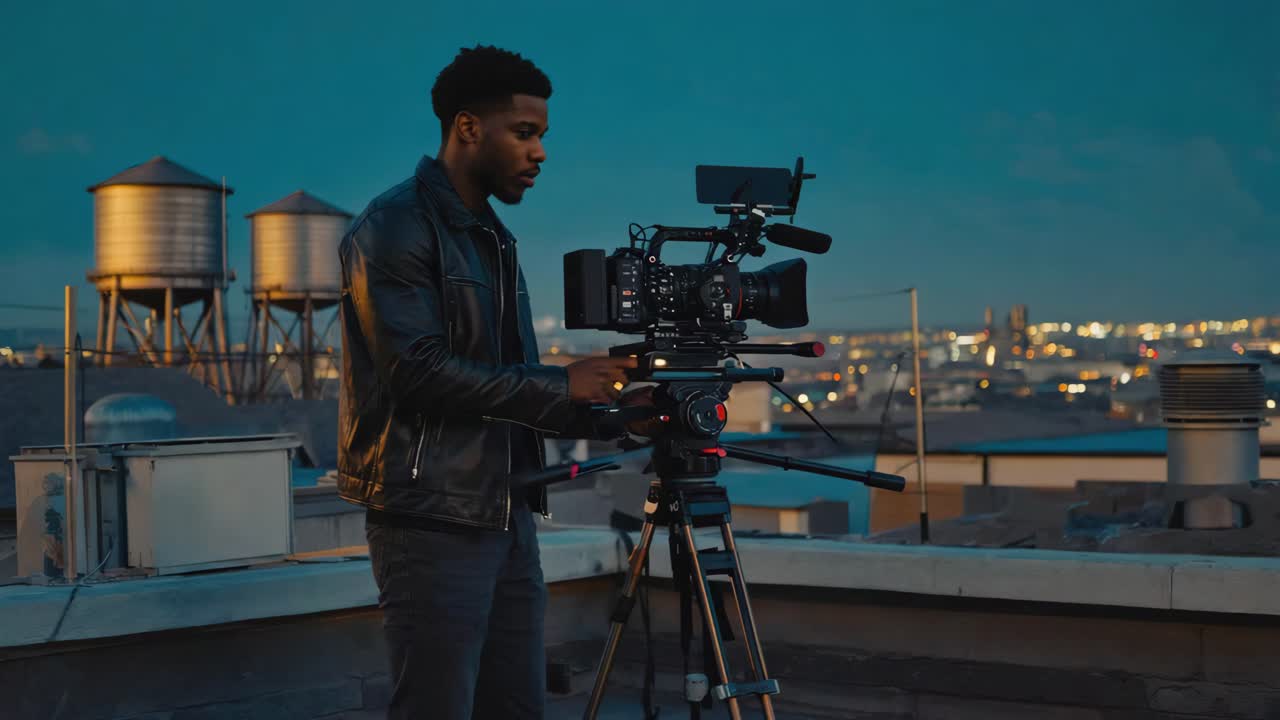 Un uomo filma su un tetto con un'attrezzatura fotografica professionale al tramonto, con vista sullo skyline di una città