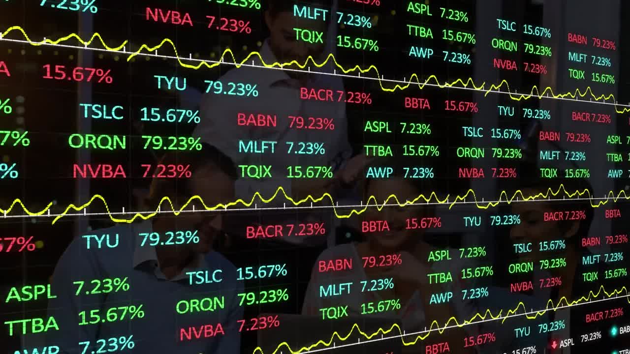 Animation of financial data processing over business people in office
