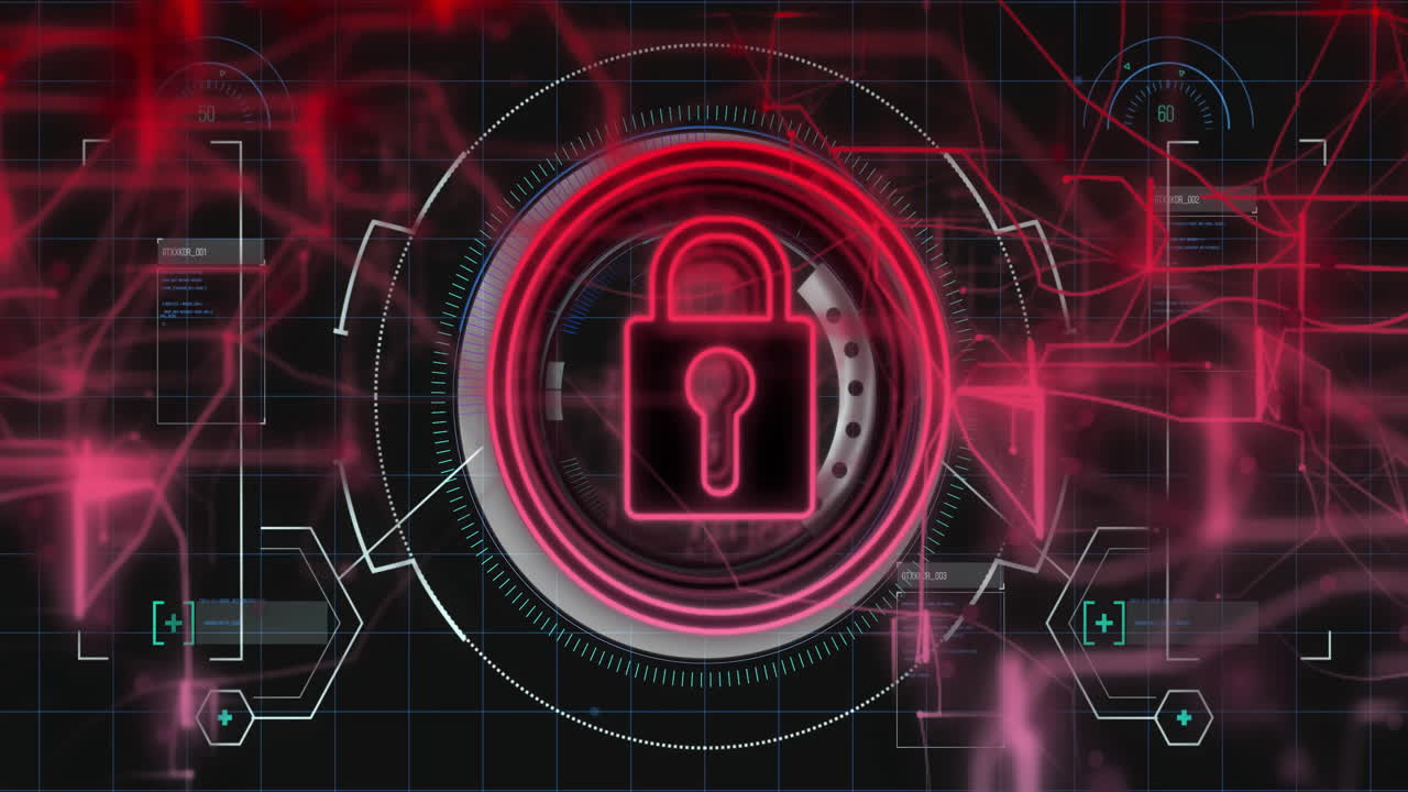 Digital padlock and security system animation over futuristic interface