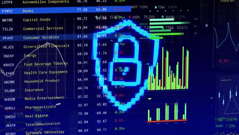 animation of padlock, statistics, stock market and financial data processing