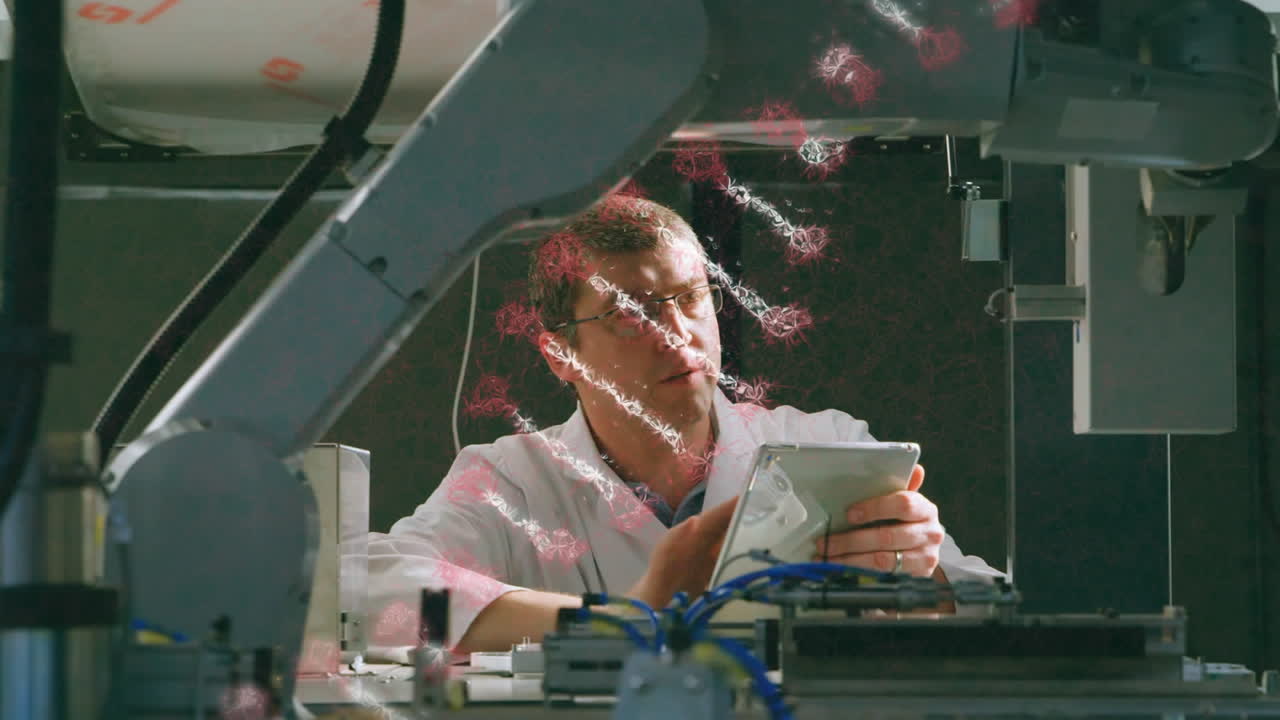 animación de una cadena de adn girando sobre un científico masculino con una tableta