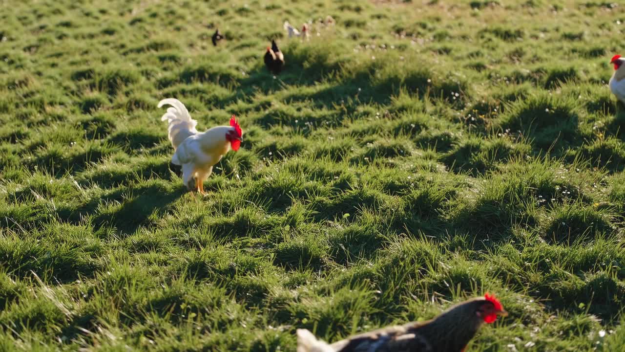 White Rooster and Hens in a Grassy Field